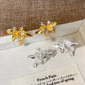 Zircon Petal Flower Stud Earrings Copper Inlaid Elegant Jewelry For Women Daily Fashion