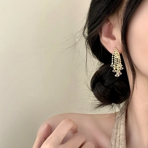 Elegant gold zircon firework tassel earrings on female model with minimalist background