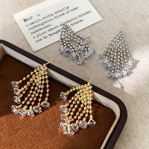 Tassel Drop Earrings For Women Copper Cubic Zirconia Vintage Long Fringe Bead Chain Dangle Elegant Light Luxury Jewelry