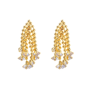 Elegant gold fringe earrings with cascading square zircon crystals on white background