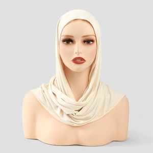 Beige modest Muslim turban hijab for women with breathable knit texture and cross wrap