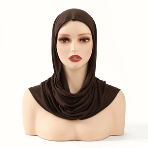 Solid dark brown pre-tied hijab turban cap for women featuring high-stretch fabric