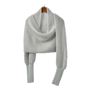 Women's light grey knit shawl wrap with long ribbed cuffs and batwing sleeve design