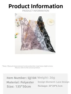 Detailed chart of cherry embroidery lace triangle scarf in purple, white, and black polyester