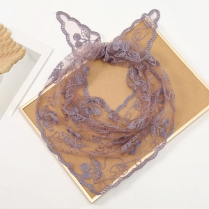 Elegant purple lace triangle scarf with cherry floral embroidery and wavy lace edges