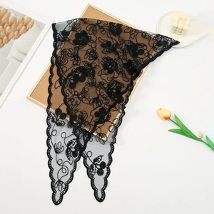 Elegant black lace triangle scarf with floral embroidery and scalloped edges for women