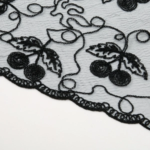 Elegant black lace triangle scarf with cherry embroidery and scalloped edges