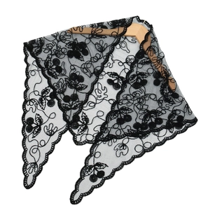 Elegant black lace triangular shawl featuring cherry embroidery and floral patterns