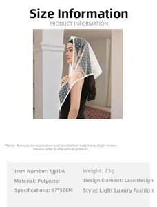 Detailed view of white polka dot lace headscarf with dimensions 67x50cm and 23g weight