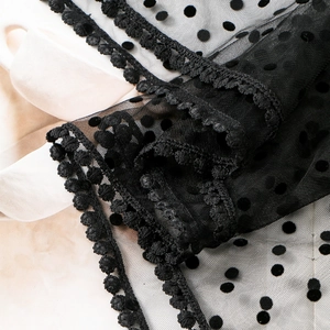Polka dot mesh lace headscarf featuring a delicate vintage-style scalloped lace edge