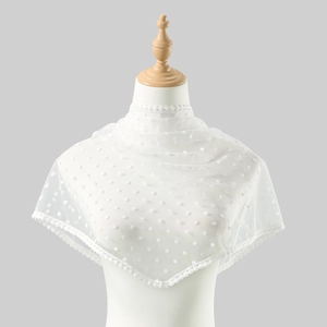 Detailed view of white polka dot mesh headscarf with delicate lace trimming edge
