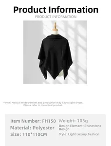 Polyester shawl size chart with hot-fix rhinestones and detailed product dimensions