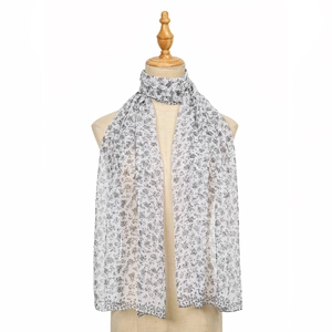 Floral chiffon scarf with black micro floral pattern on white georgette fabric for women