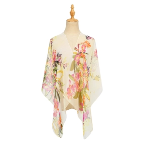 Elegant floral chiffon shawl scarf for women in cream with pink floral patterns