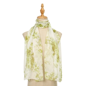 Elegant georgette long scarf with fresh green leaf pattern on cream background
