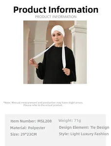 Detailed view of white pleated polyester hijab with long adjustable ties and specs