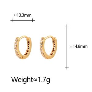Detail showing dimensions of gold hoop earrings with pavé set cubic zirconia stones