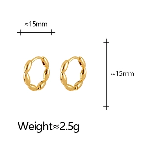 Detailed view of gold beaded hoop earrings with 15mm diameter and 2.5g weight specs