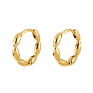 Minimalist gold hoop earrings featuring olive-shaped bead design and mirror-polished finish