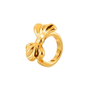 Minimalist gold bow-knot ring with high-polish metallic finish and 3D fluid design