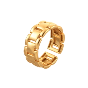 Minimalist gold watch-band style open ring with chain links and matte finish