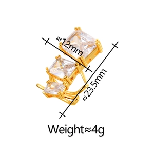 Detail view of gold ear cuff featuring three vertical square zircons with size measurements