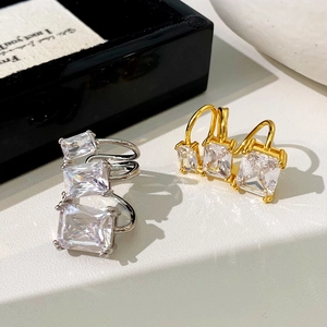 Square zircon ear bone clips in silver and gold plating for women's fashion jewelry