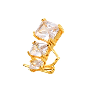 Minimalist gold ear cuff with three graduated square zircon stones on white background