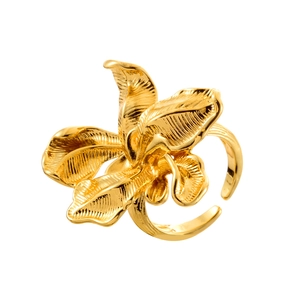 Elegant gold flower ring with textured orchid petals and adjustable open band design
