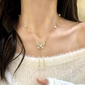 Collana Di Künstliche Perle Con Nappine A Farfalla Elegante Zircone Intarsiato Gioielli In Rame Stile Francese Catena Per Clavicicola