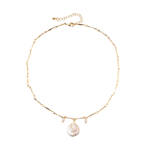Elegant gold chain necklace with baroque freshwater pearl pendant on white background