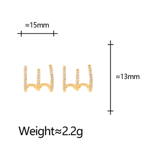 Gold triple-row zircon claw earrings with 15mm width shown in a front view perspective