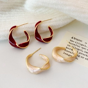 French Vintage Twist C-Shape Hoop Earrings Copper Enamel Glaze Elegant Geometric Jewelry For Women