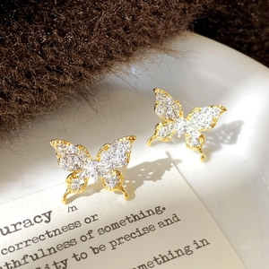 Butterfly Stud Earrings Copper Hollow Lace Two Tone Zircon Cubic Zirconia Elegant French Luxury Jewelry For Women