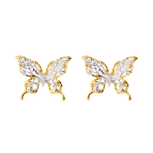 Elegant gold and silver two-tone lace butterfly stud earrings with sparkling crystals