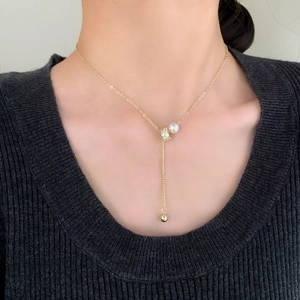 Elegant Shell Artificial Pearl Y-Shaped Necklace Copper Gold Plated With Zircon Tassel Minimalist Jewelry For Women