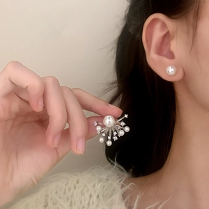 Elegant irregular pearl stud earrings with micro-set zircon firework design for women