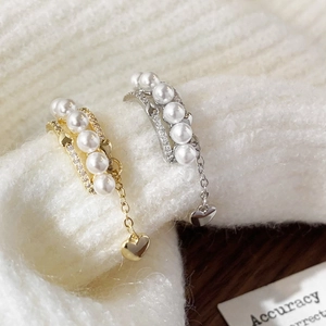 French style pearl heart tassel ear cuff with sparkling zircon chains for women