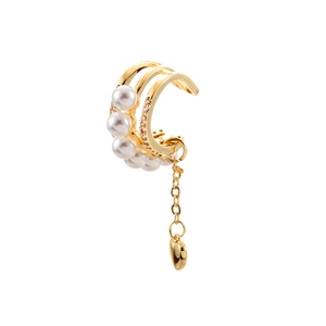 Golden multi-layer ear cuff with white pearls, zircons and a polished heart tassel pendant
