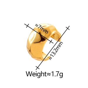 Detailed view of irregular golden ear cuff with textured finish and precise measurements