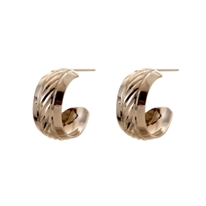 Elegant gold-plated C-shaped earrings with twisted spiral texture on white background