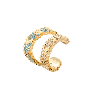 Bohemian gold double-layer ear cuff with turquoise stones and white sparkling zircons