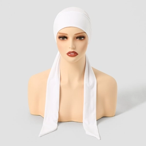Detail of white stretch knit hijab cap with long wrap straps on a female head model