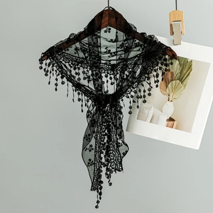 Elegant black lace bridal veil with floral embroidery and beaded fringe details