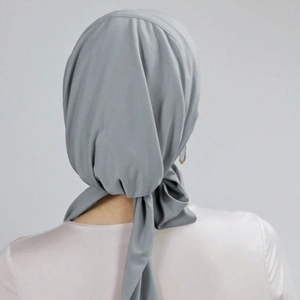 Elegant light gray pleated crystal linen turban for women with long adjustable ties