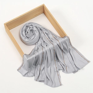 Breathable modal grey long hijab scarf with elegant vertical gold sequin line accents