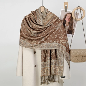 Classic ethnic paisley print scarf in bronze brown with fringes and handmade label