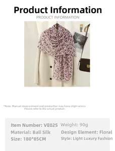 Detail showing sheer voile scarf texture and floral print on white coat background