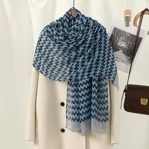 Elegant floral print voile scarf with houndstooth texture paired with a stylish wool coat