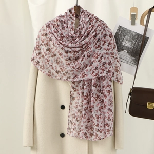 Floral print long voile scarf for women in pale pink with small dark red flowers